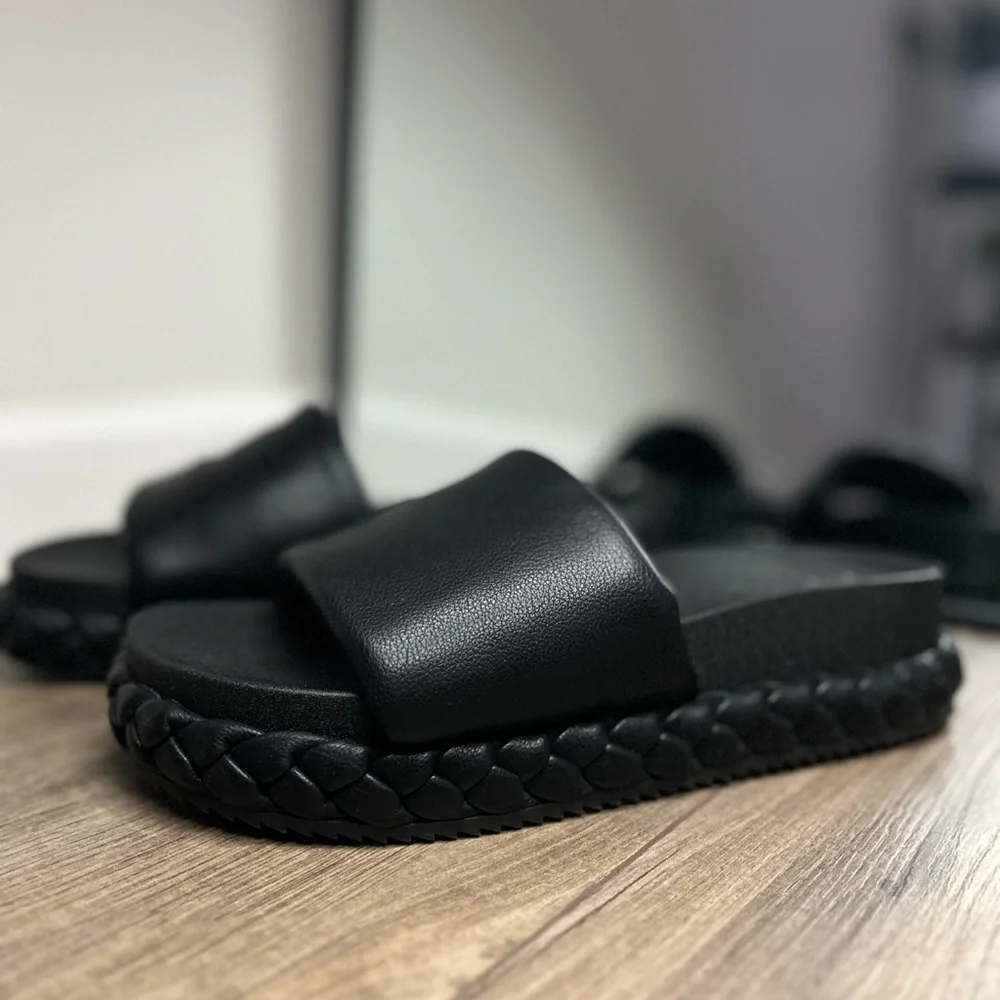 Black Braided Slide Sandals - Picture 2 of 7